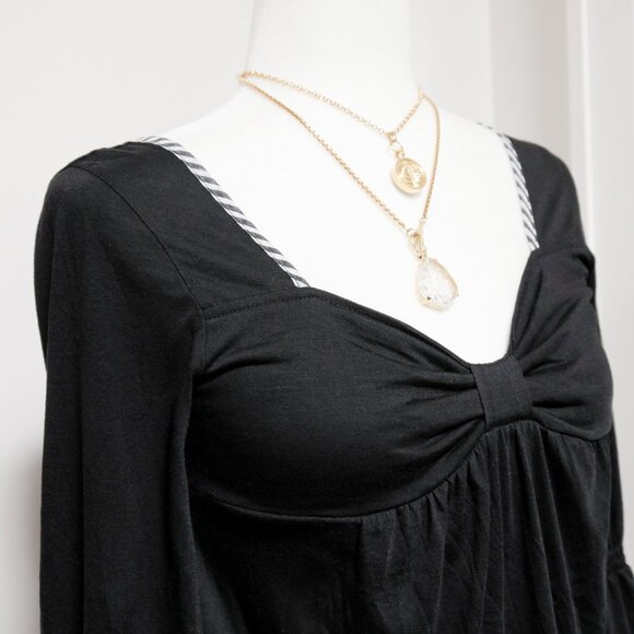 Black Babydoll Top w/ Striped Sheer Ruffle Trim 🐈‍⬛ JAPANESE BRAND - Picture 2 of 10